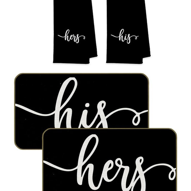 UINHMOP 17''x30'' His and Hers Decorative Doormat and 16''x24'' Bath Towels Kitchen Towels Hand Towels(2 Doormats + 2 Towels),Wedding Anniversary Valentine’s Day Gifts for Couples(Black)
