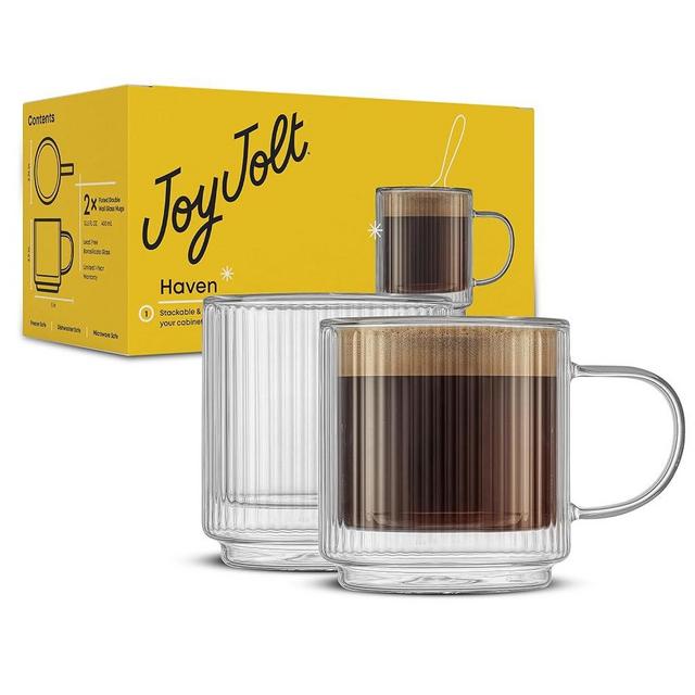 JoyJolt Haven Stackable Fluted Glass Mugs, Set of 2 Ribbed Double Wall Coffee Mugs, 13.5oz Insulated Coffee Cups, Double Wall Glass Coffee Cups, Tea Cups, Latte Glasses, Cappuccino Mugs, Clear Mugs