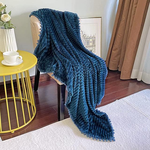 DISSA Flannel Blanket with Pompom Fringe, Lightweight Plush Fleece Blanket with Strip, Cozy Throw Blanket, Soft Fluffy Couch Blanket Fit Sofa Bed, Warm Blanket for All Season (Blue, 51"x63")