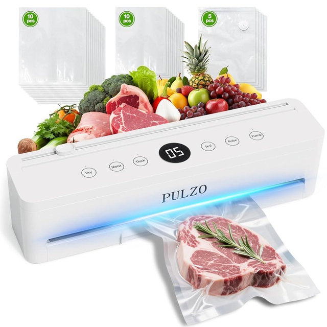 PULZO True-Auto Vacuum Sealer Machine, 85KPa Vacuum Sealer for Food with Digital Countdown, LED Smart Touch, External Sliding Blade, Dry/Moist Mode, Removable Drip tray, Complete Starter Kits
