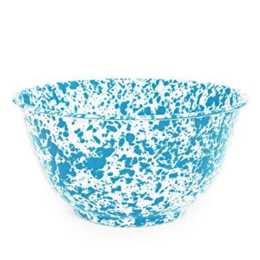 Enamelware Salad Bowl, 4 quart, Turquoise/White Splatter