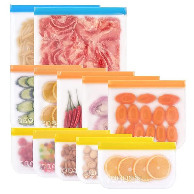 Reusable Food Storage Bags- 12 Pack BPA FREE Flat Freezer Bags (2 Reusable Gallon Bags & 5 Leakproof Reusable Sandwich Bags & 5 Small Kids Snack Bags) for Meat Veggies Fruit