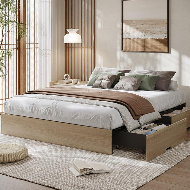 GarveeHome Full Size Wood Platform Bed Frame with 2 Storage Drawers, Wooden Bed Frame Without Headboard, Wood Slat Support, No Box Spring Needed, Easy Assembly