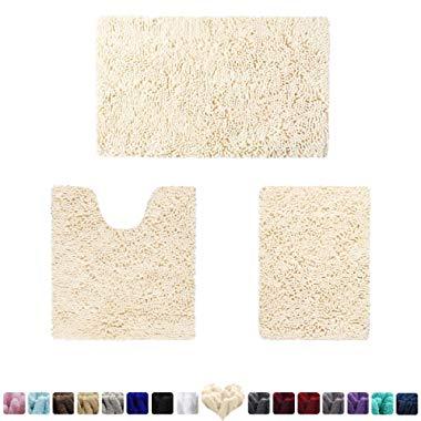 HOMEIDEAS 3 Pieces Bathroom Rugs Set Ivory, Luxury Soft Chenille Bath Mats Set, Absorbent Shaggy Bath Rugs & Slip Resistant Plush Bath Mats for Tub, Shower, Bathroom