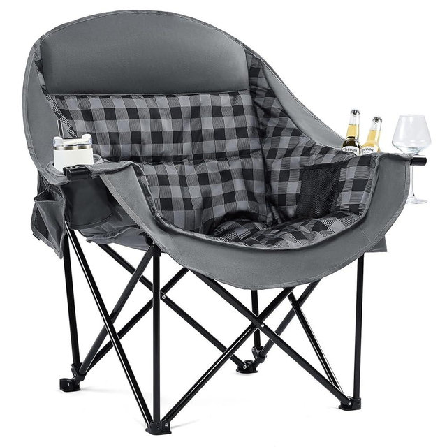 Oversized Camping Chairs for Adults - Heavy Duty Padded Outdoor Folding Lawn XL Camp Chair with Cup Holder Cooler Pockets for Outside Sports Beach Fishing Garden Portable Supports 500lbs, Grey