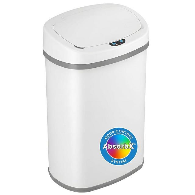 iTouchless 13 Gallon Automatic Sensor Trash Can with Lid, AbsorbX Odor Control System, Chalk White Stainless Steel Kitchen Garbage Bin, Fingerprint-Proof, Hands-Free Operation, Oval