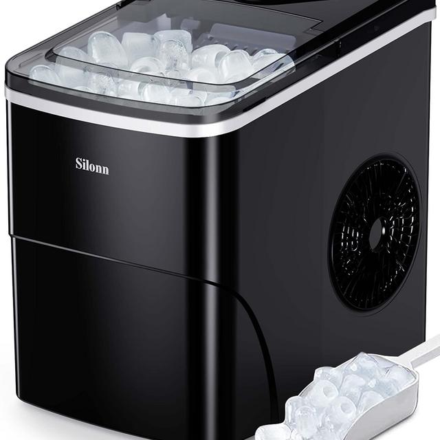 Silonn Ice Makers Countertop, 9 Cubes Ready in 6 Mins, 26lbs in 24Hrs, Self-Cleaning Ice Machine with Ice Scoop and Basket, 2 Sizes of Bullet Ice for Home Kitchen Office Bar Party