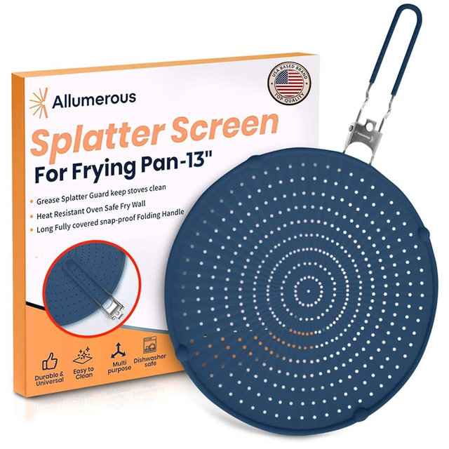 Silicone Splatter Screen for Frying Pan | Navy 13" | Foldable Heatproof Handle with Sleeves | Compact Oven Safe Fry Wall | Versatile Grease Splatter Guard | Oil Splash Guard for Cooking and Baking