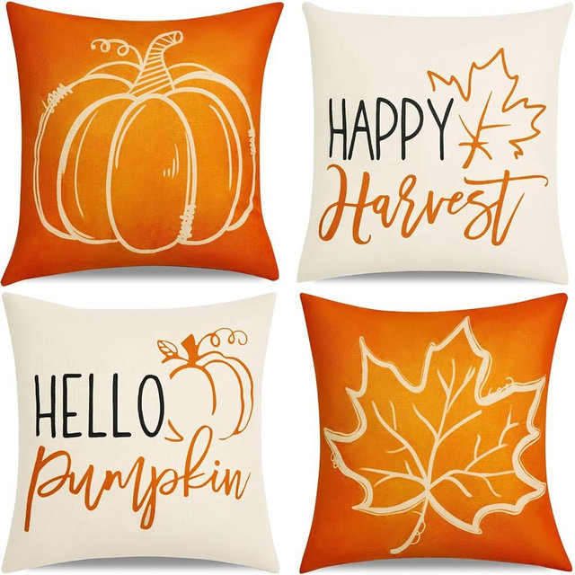 Fall Decor-Throw Pillow Covers 18x18 in Set of 4,Pumpkin Linen Pillow Case for Thanksgiving Couch Autumn Holiday Home Outdoor Burnt Orange White Decorations