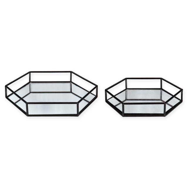 Kate and Laurel Felicia Mirrored Hexagonal Trays in Black (Set of 2)