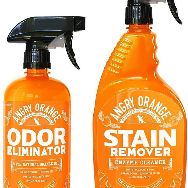 ANGRY ORANGE Pet Stain and Odor Remover - 2 Spray Pack - 32 oz Dog, Ferret, Rabbit & Cat Urine Enzyme Cleaner - 24 oz Pet Odor Eliminator for Strong Odor - for Pee on Carpet, Furniture, Tile, Wood