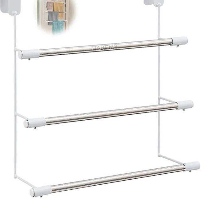 HARRMS Over The Door Towel Rack, 3 Tier Stainless Steel Bathroom Towel Holder, Heavy Duty Space Saving Organizer Towel Rack for Bathroom, Bedroom, Kitchen, Dorm, RV