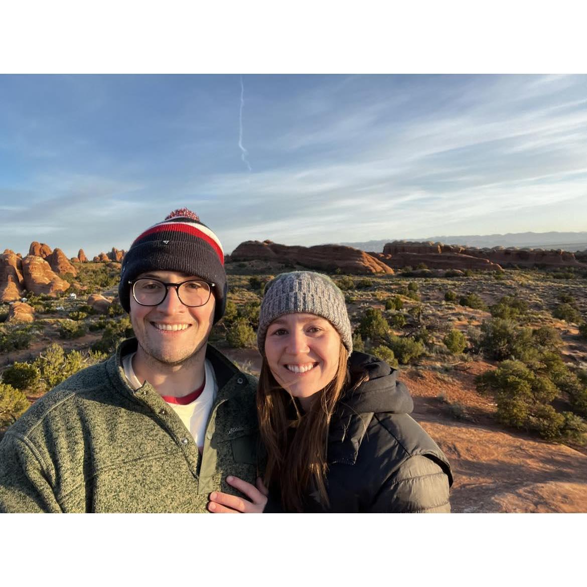 Early morning sunrise in Devil's Garden Campground, Arches National Park.