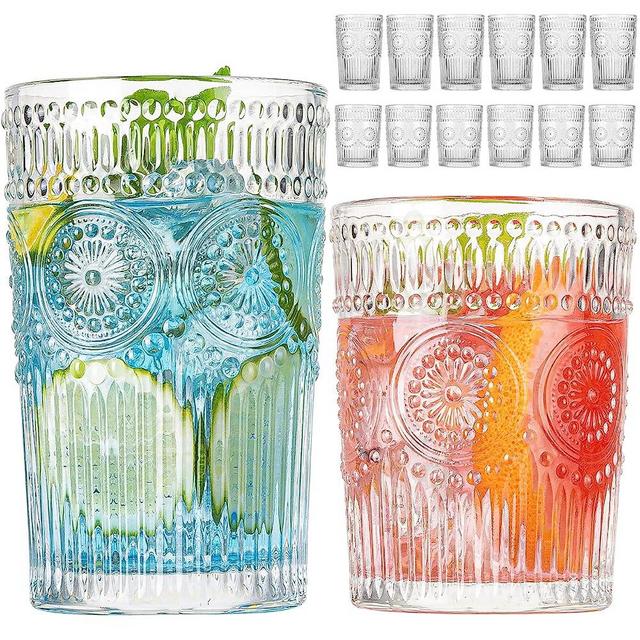 wookgreat Vintage Drinking Glasses Set of 12, Textured Clear Striped Glass Cups-6 Highball Glasses 13oz & 6 Rocks Glasses 10oz, Ribbed Glassware Set, Mojito Cups, Cocktail Glass, Iced Coffee Cup