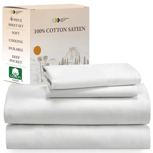 Soft 100% Cotton Sheets Set - Cooling Durable Sateen, Deep Pocket - by California Design Den - Ivory, Queen