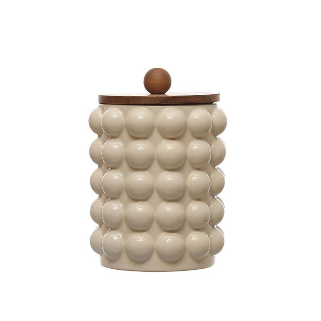 Creative Co-Op 5.75 Inches Round Stoneware Raised Dots and Acacia Wood Lid, White and Natural Canister