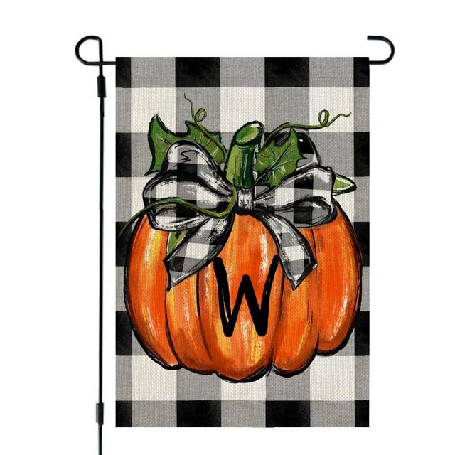 CROWNED BEAUTY Fall Thanksgiving Pumpkin Monogram Letter W Garden Flag 12x18 Inch Double Sided Burlap Plaid Small Family Last Name Initial Yard Decoration CF1135-12