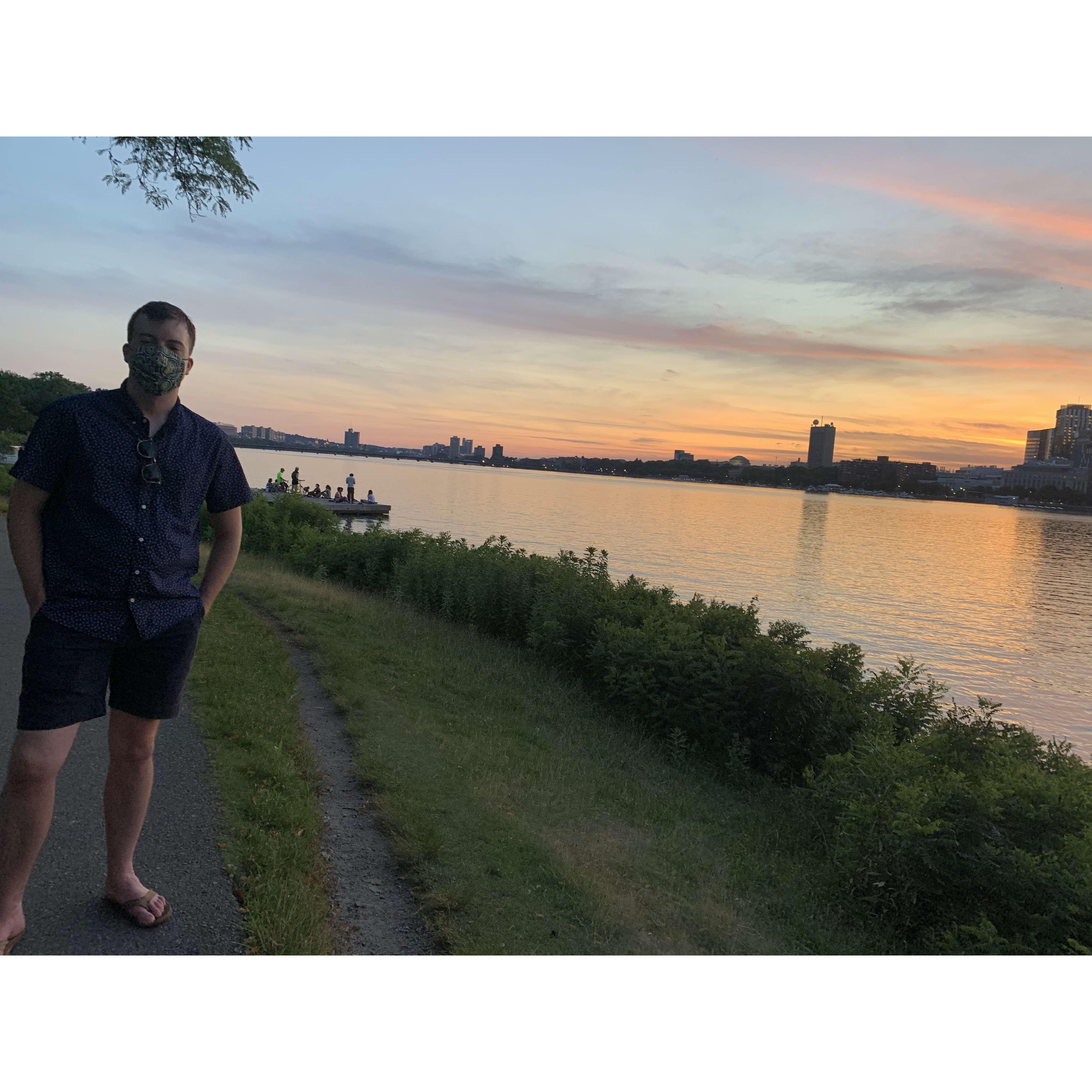 Enjoying one of many gorgeous sunset walks on the charles river in boston