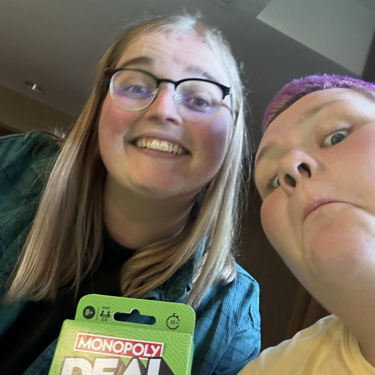 The pair won a prize by winning the quiz about Hannah’s Nana, Patricia, at the 2025 McCandless Family Reunion. They chose a deck of Monopoly Deal as their prize.