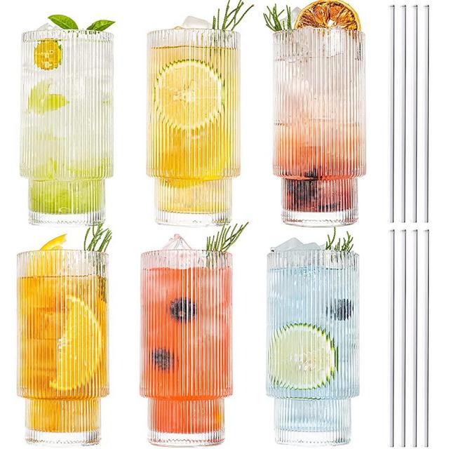 Drinking Glasses, Claplante Origami Style 6 pcs Glass Cups with straw, 11oz Highball Glasses, Elegant Ripple Vintage Glassware, Ribbed Glasses, Iced Coffee Glasses Ideal for Cocktail Whiskey, Juice