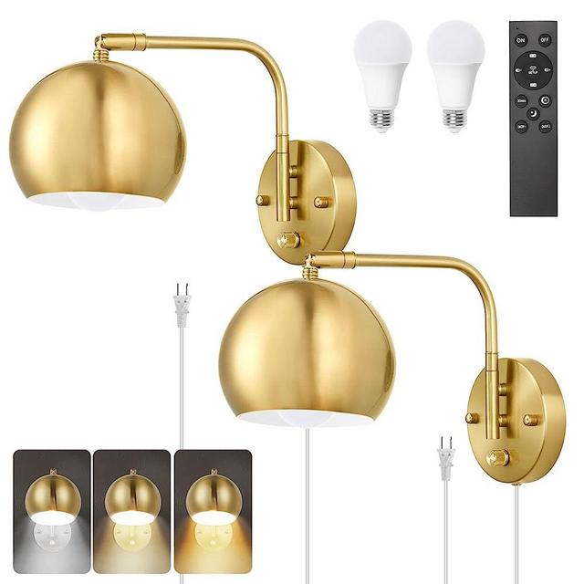 VATONI Wall Sconce with Remote Control, Plug in Wall Sconces Dimming 0-100% and Adjustable Color Temperature 2700K-6000K, Brushed Brass Globe Swing Arm Wall Lights with Plug in Cord(2 Pack, 2 Bulbs)