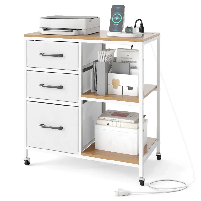 Costway 3 Drawer Mobile File Cabinet w/Charging Station Open Storage Shelves for Home