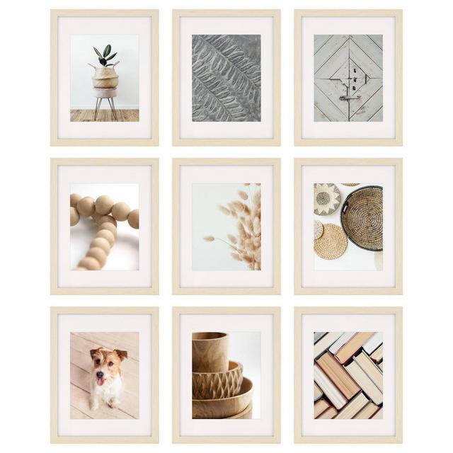 9pc 8" x 10" Gallery Wall Picture Frame Set with Decorative Art Prints/Hanging Template Brown - Instapoints