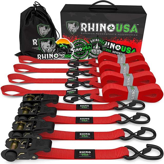 RHINO USA Ratchet Tie Down Straps (4PK) - 1,823lb Guaranteed Max Break Strength, Includes (4) Premium 1" x 15' Rachet Tie Downs with Padded Handles. Best for Moving, Securing Cargo (Red 4-Pack)