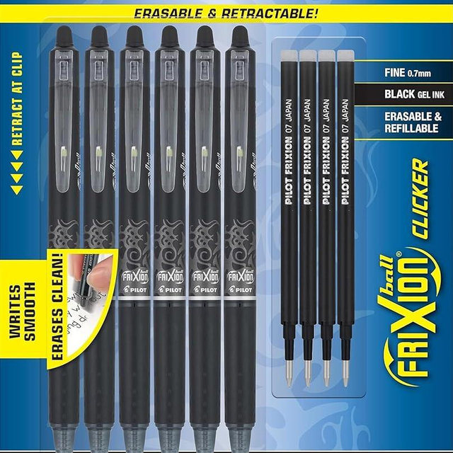 PILOT Frixion Erasable Pens, Fine Point 0.7mm Pack of 6 Black Retractable Ink Pens + 4 Bonus Refills