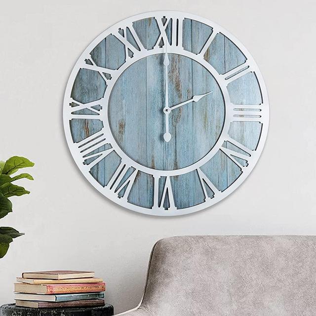 Wall Clock for Home Decor - 24 Inch Blue Wood Wall Clocks Battery Operated Nearly Silent Little Ticking Simple Minimalist Roman Numbers Clock Decorative for Bedrrom