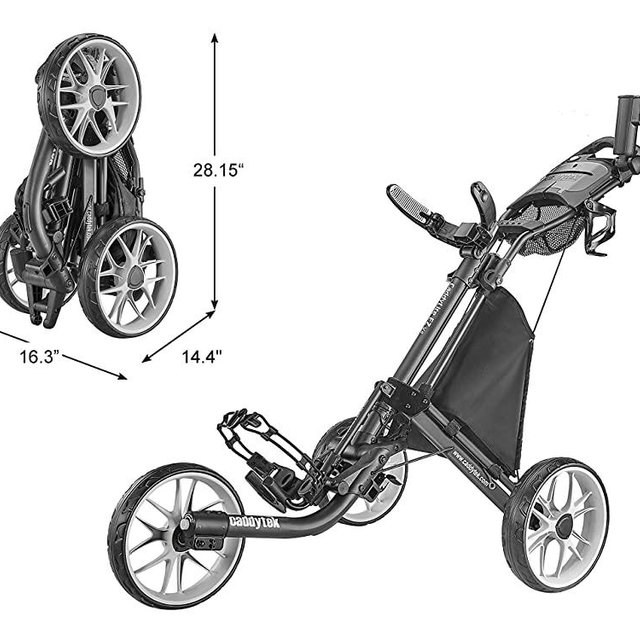 CaddyTek 3 Wheel Golf Push Cart - Foldable Collapsible Lightweight Pushcart with Foot Brake - Easy to Open & Close
