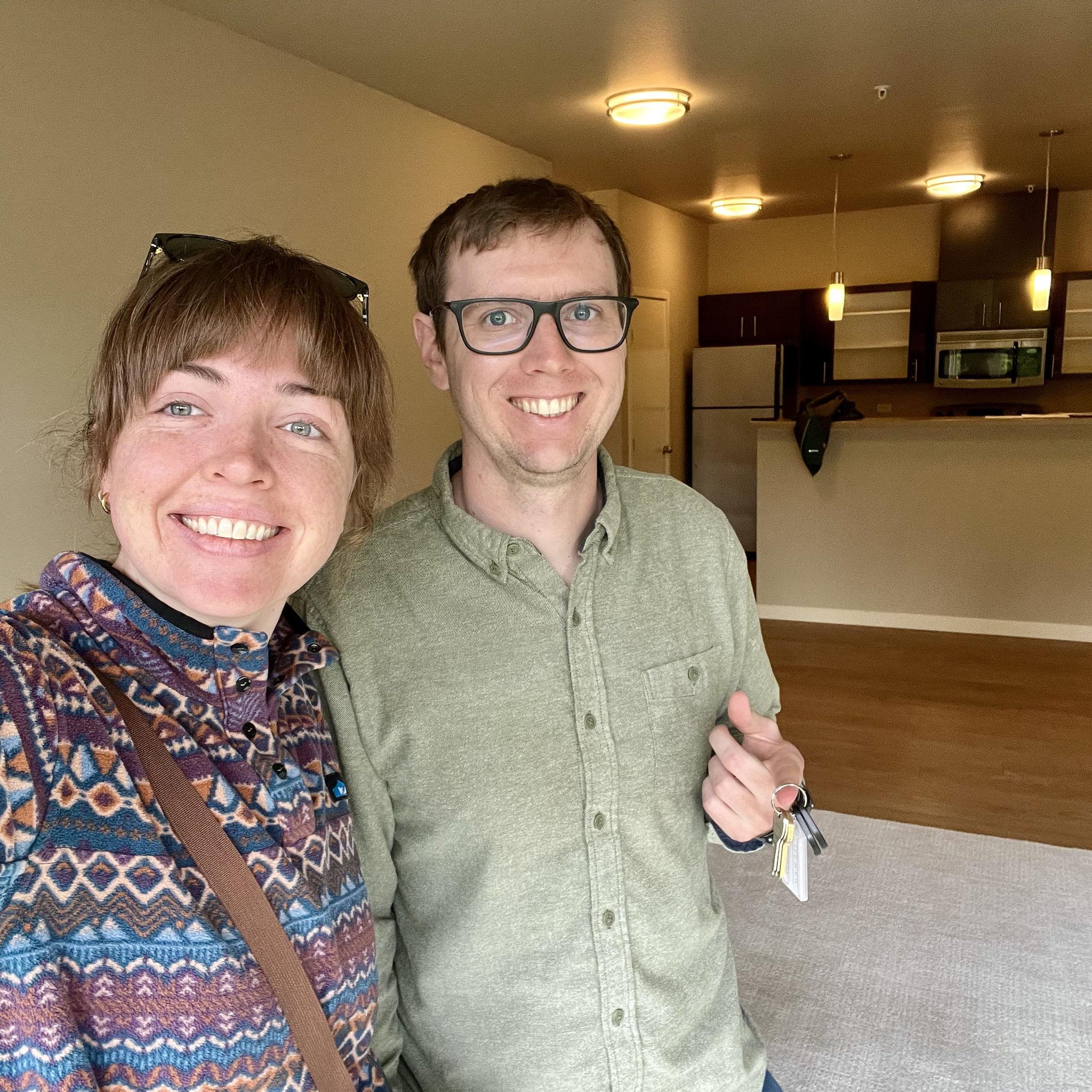 Picking up the keys to our apartment in Issaquah, WA