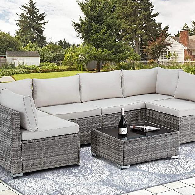 U-MAX 7 Pieces Outdoor Patio Furniture Set, Gray PE Rattan Wicker Sofa Set, Outdoor Sectional Furniture Chair Set with Grey Cushions and Tea Table