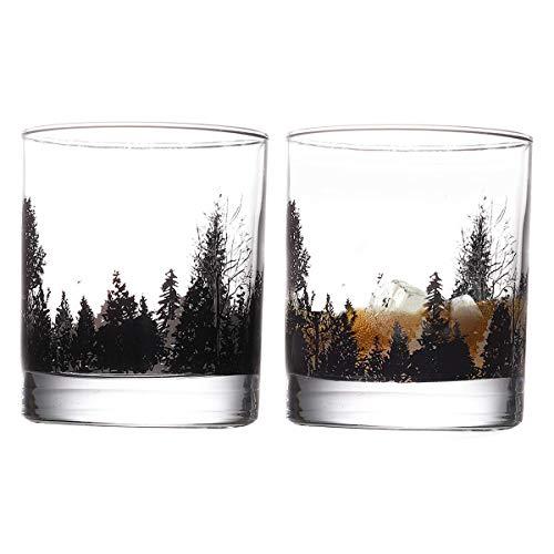 Bourbon Glasses TOOWELL Whiskey Glass Set of 2 Forest Landscape Handmade Heavy Base Lead-Free Scotch Tumblers 11OZ