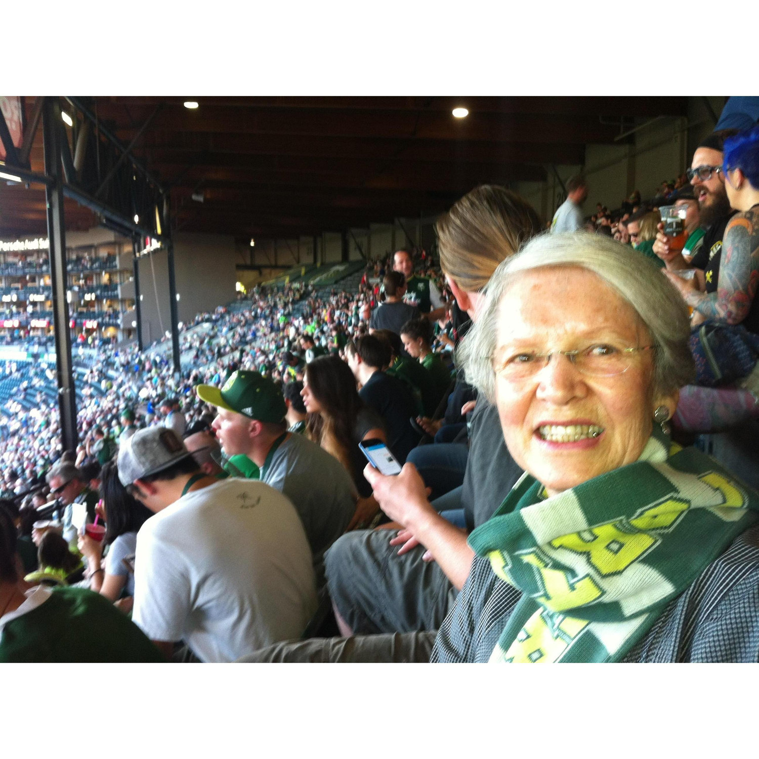 Grant's Grandma Liz. Huge Timbers' fan. Do not mention the Sounders around her unless you're ready for combat.
