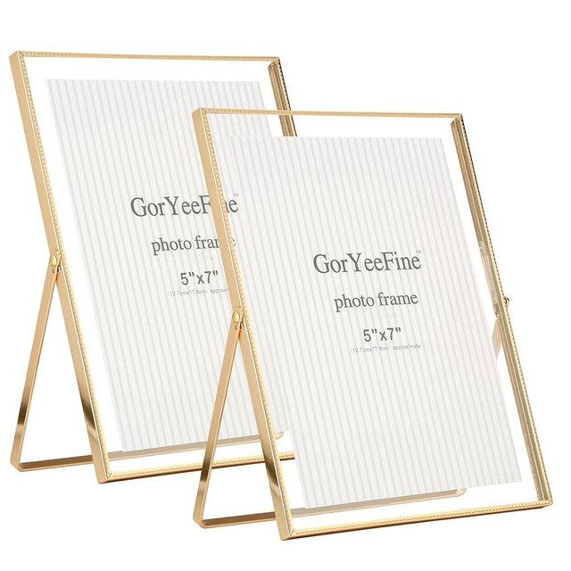 Gold 6x8''Floating Photo Frame Set of 2,For Photo Sizes (3.5x5''4x6''5x7''),Simple Metal beaded floating Picture Frames 5x7'' Gold for Tabletop/Shelf,Classy Gift Choice for Wedding,Thanksgiving
