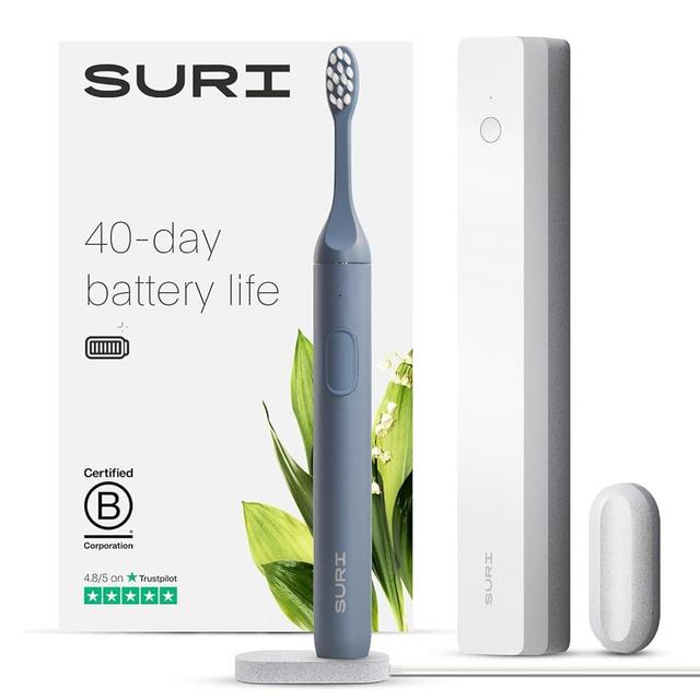 SURI Sustainable Sonic Toothbrush - Slim and Powerful Electric Toothbrush, Recyclable Plant-Based Head, 2 Modes, Including UV LED Cleaning Case, Mirror-Mount, and Charging Stand - Morning Waves