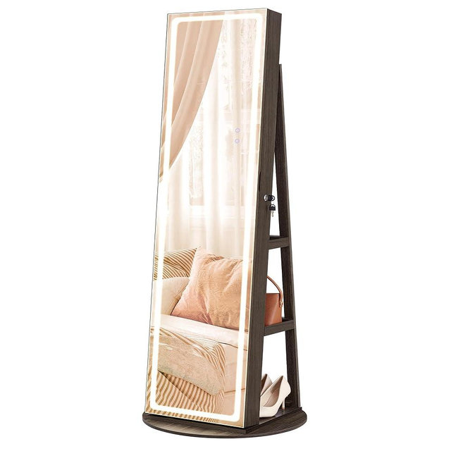 SONGMICS LED Mirror Jewelry Cabinet Standing, Lockable Jewelry Armoire with Full-Length Mirror and Adjustable LED Lights, Space-Saving Jewelry Organizer with Mirror, Christmas Gifts, Ash Brown