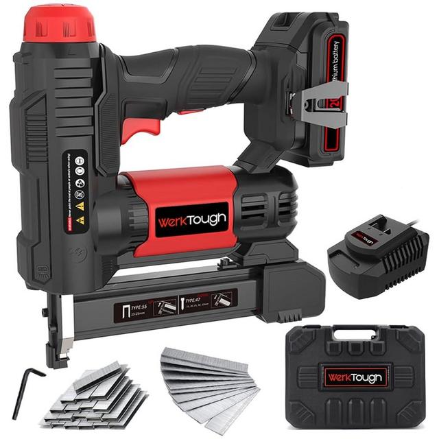 Werktough 20v Cordless Staple Gun Brad Nailer 2 in 1 Aluminum Metal magzine 1 Hour Fast Charger 2000mA Lithium Battery 2000pcs Free Staples(90 4/5”1000+18GA 1”x1000) in Tool Case