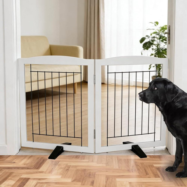 Dog Fence Indoor - 2-Panel Freestanding Dog Gate for Doorways, Hallways, House or Stairs -40x24-Inch Retractable Foldable Expandable Wood Pet by SFJC (White) ﻿
