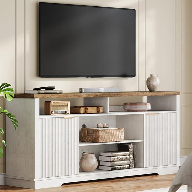 SuciJeudi Farmhouse TV Stand for TVs Up to 65 Inch, Fluted Entertainment Center with Storage Cabinet, TV Media Console Table with Adjustable Shelves for Living Room Bedroom, Off White