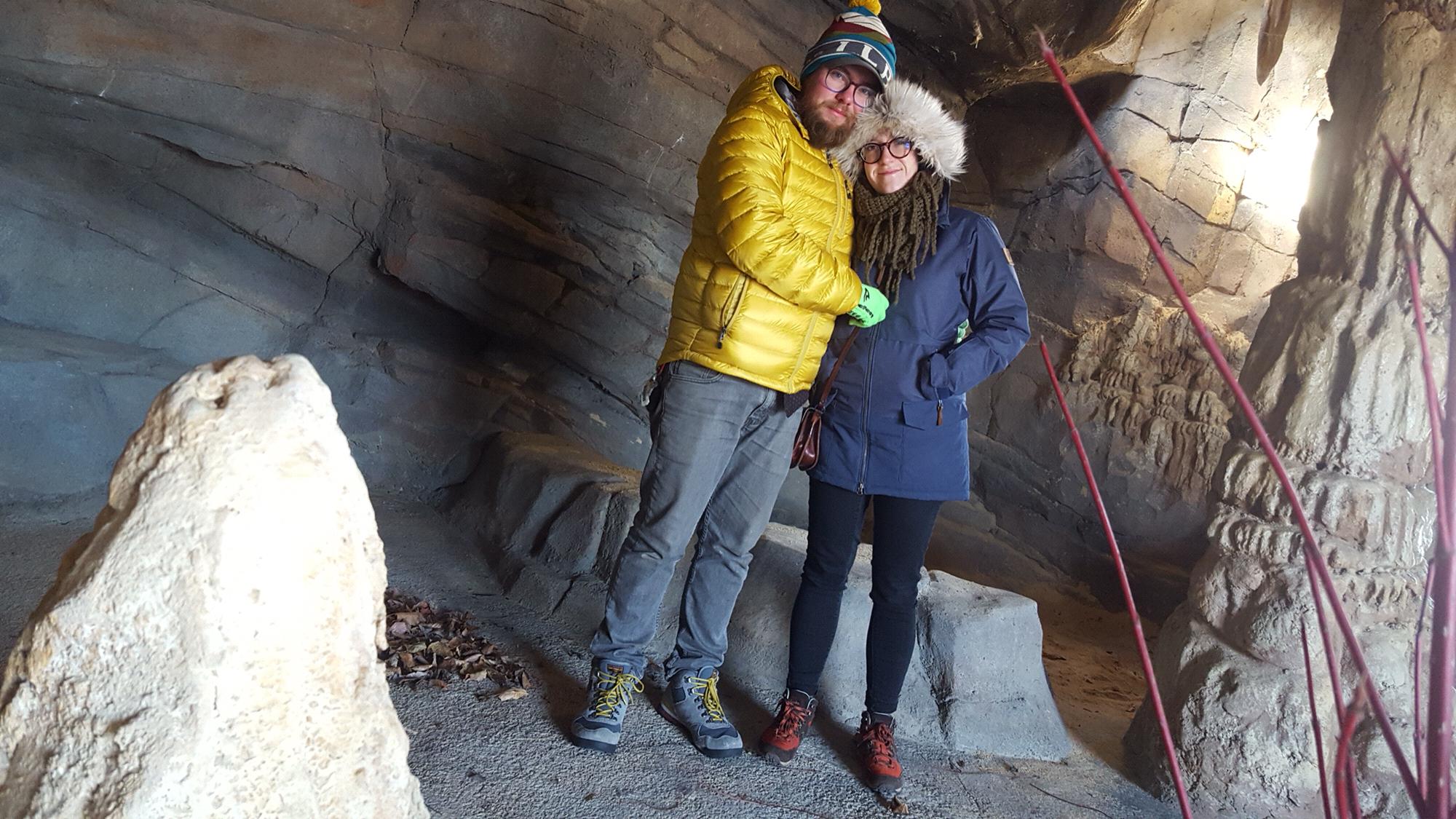 Moments before we got engaged! Freezing our buns off in an artificial cave at an arboretum