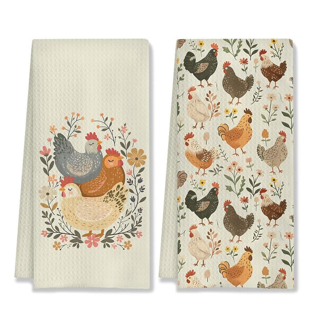HUGANE Farmhouse Chicken Rooster Kitchen Towels, Chicken Dish Towels, Rooster Decor Hand Towel for Bathroom Kitchen Decor, Cock Mom Lady Gifts,16x24 Inch Set of 2