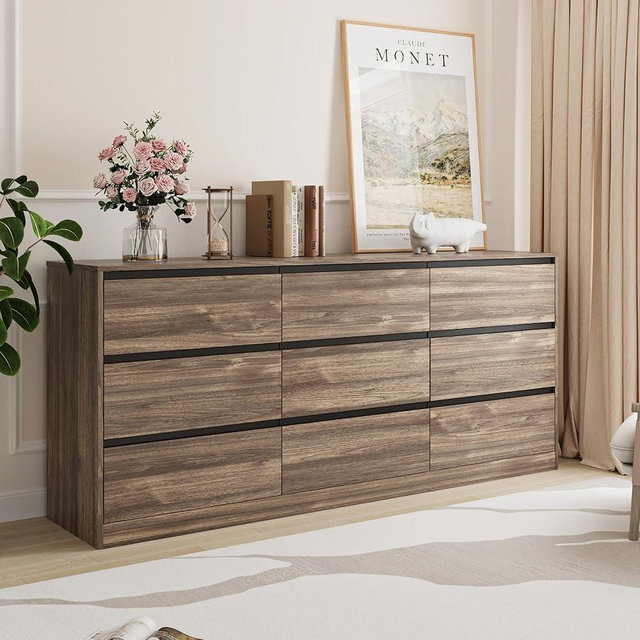 70.9” Dresser for Bedroom with 9 Drawers, Large Modern Chest of Drawers Handle Free, Long Wooden Dressers Storage Organizer, Wide Double Dresser for Bedroom, Living Room, Hallway (Walnut)