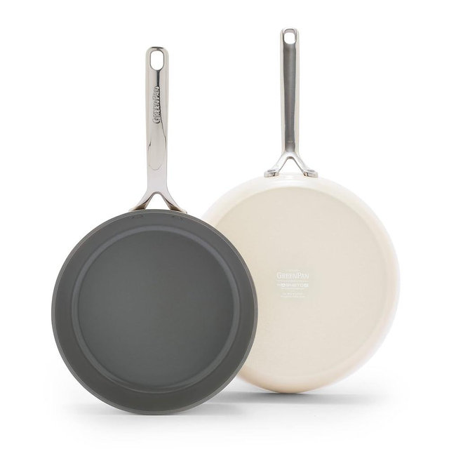 GreenPan GP5 Hard Anodized Healthy Ceramic Nonstick 9.5” & 11” 2 Piece Frying Pan Skillet Set,Heavy Gauge Scratch Resistant,Stay-Flat Surface, Induction, Mirror Finish Handle,Oven Safe,PFAS-Free,Cream