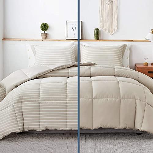 Bedsure Khaki Queen/Full Comforter Set - 3 Piece Reversible Percale Stripes Hypoallergenic Down Alternative Box Stitching Duvet Insert with 8 Corner Tabs - All Season Bed Set with 2 Pillow Shams