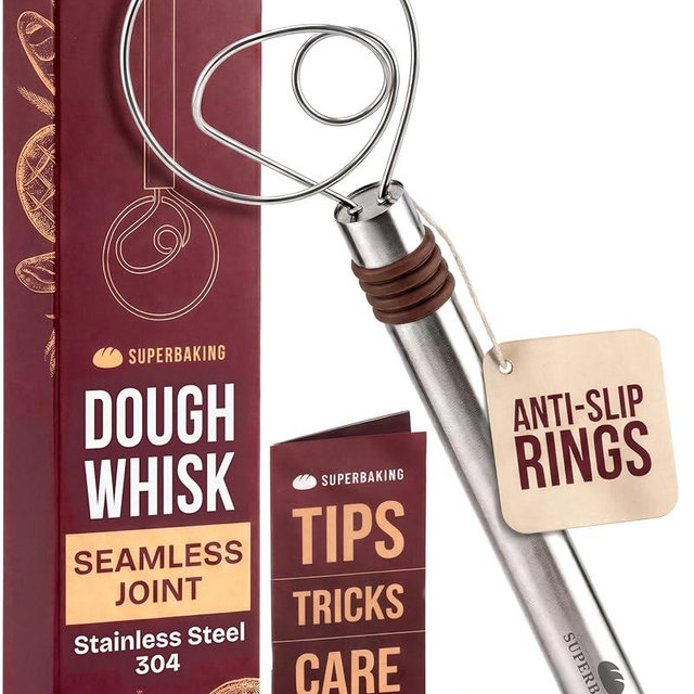 Superbaking Danish Dough Whisk - 12" Bread Whisk for Dough Mixing - Single Eye Design Sourdough Whisk - Sourdough Bread Baking Supplies - Bread Making Tools and Accessories - Ergonomic Stainless Steel