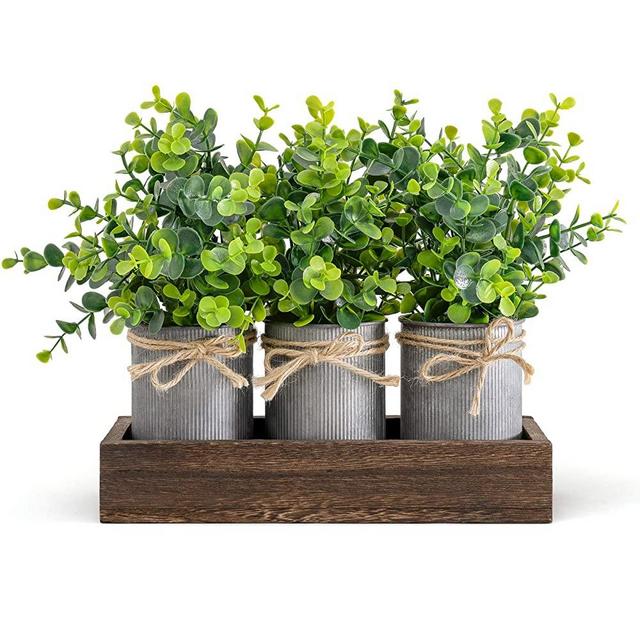 Dahey Decorative Galvanized Metal Pots Centerpiece Decor Wood Tray with Artificial Flowers, 3 Buckets with Eucalyptus, Rustic Farmhouse Home Decor for Coffee Table Dining Room Living Room Kitchen Bath