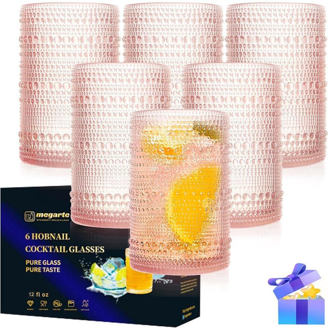 megarte Hobnail Drinking Glasses Cocktail Glasses - 12 Oz Vintage Glassware Set Beaded Highball Glassware Romantic Water Glass Cups Suit for Whiskey Juice Beverage Present Package - Set of 6 - Pink