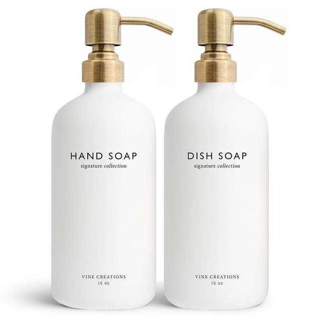 Vine Creations White Glass Soap Dispenser Set, Dish Soap and Hand Soap Dispenser Set with Stainless Steel Pump, 16 oz Glass Dispensers for Kitchen or Bathroom Decor (Matte White Bottle/Brushed Brass)